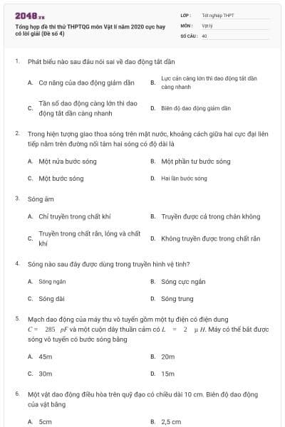 Tổng hợp đề thi thử THPTQG môn Vật lí năm 2020 cực hay có lời giải (Đề số 4)