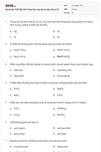 Đề thi thử THPTQG 2019 Hóa Học mức độ cơ bản (đề số 9)