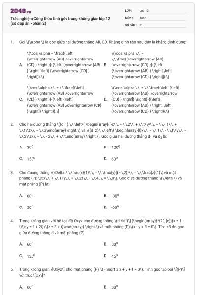 Trắc nghiệm Công thức tính góc trong không gian lớp 12 (có đáp án - phần 2)