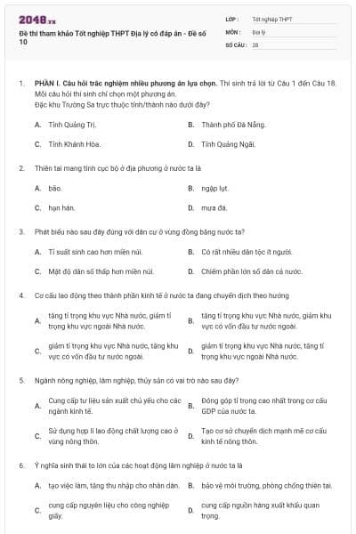 Đề thi tham khảo Tốt nghiệp THPT Địa lý có đáp án - Đề số 10