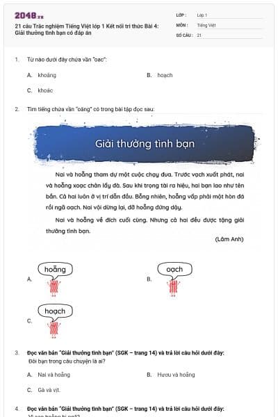 21 câu Trắc nghiệm Tiếng Việt lớp 1 Kết nối tri thức Bài 4: Giải thưởng tình bạn có đáp án