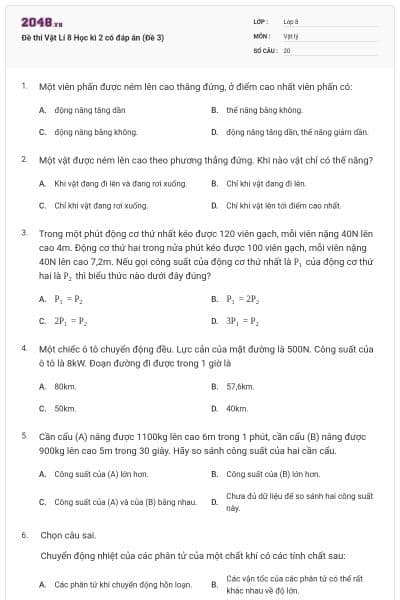 Đề thi Vật Lí 8 Học kì 2 có đáp án (Đề 3)