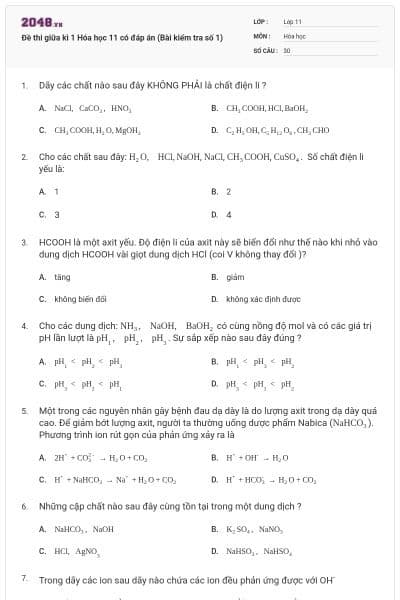 Đề thi giữa kì 1 Hóa học 11 có đáp án (Bài kiểm tra số 1)