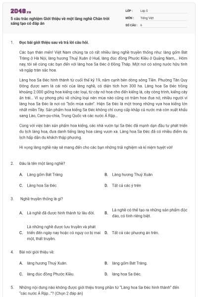 5 câu trắc nghiệm Giới thiệu về một làng nghề Chân trời sáng tạo có đáp án