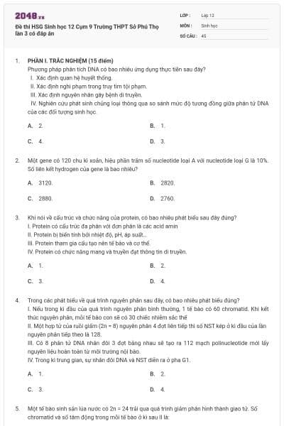 Đề thi HSG Sinh học 12  Cụm 9 Trường THPT Sở Phú Thọ lần 3 có đáp án