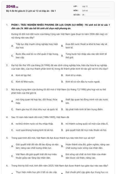 Bộ 4 đề thi giữa kì 2 Lịch sử 12 có đáp án - Đề 1