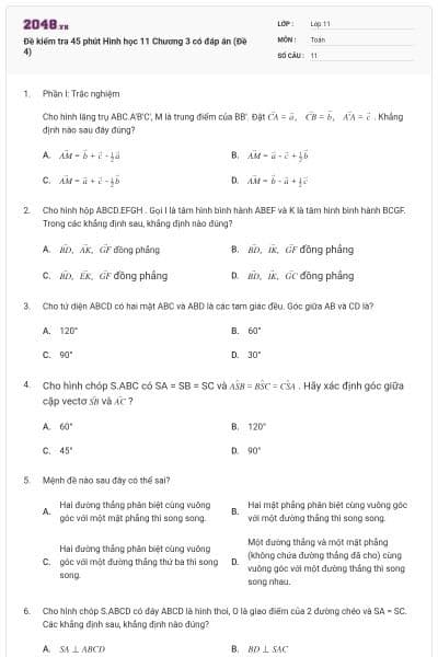 Đề kiểm tra 45 phút Hình học 11 Chương 3 có đáp án (Đề 4)