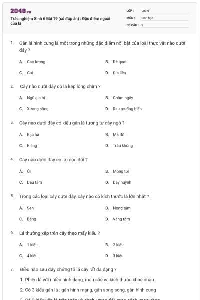 Trắc nghiệm Sinh 6 Bài 19 (có đáp án) : Đặc điểm ngoài của lá