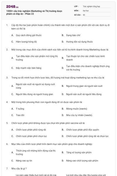 1000+ câu trắc nghiệm Marketing và Thị trường dược phẩm có đáp án - Phần 23