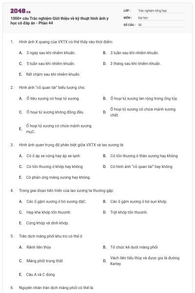 1000+ câu Trắc nghiệm Giới thiệu về kỹ thuật hình ảnh y học có đáp án - Phần 44