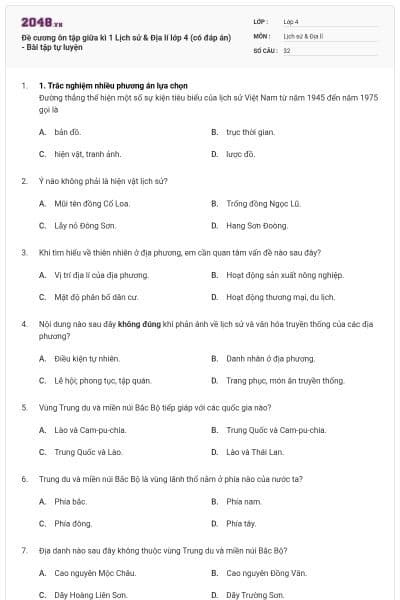 Đề cương ôn tập giữa kì 1 Lịch sử & Địa lí lớp 4 (có đáp án) - Bài tập tự luyện
