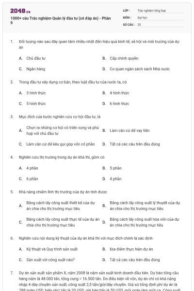 1000+ câu Trắc nghiệm Quản lý đầu tư (có đáp án) - Phần 9