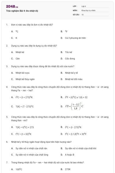 Trắc nghiệm Bài 4: Đo nhiệt độ