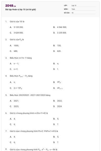 Bài tập Hoán vị lớp 10 (có lời giải)
