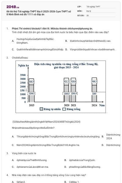 Đề thi thử Tốt nghiệp THPT Địa lí 2025-2026 Cụm THPT số 8 Ninh Bình mã đề 1111 có đáp án