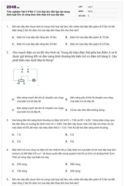 Trắc nghiệm Vật lí 9 Bài 11 (có đáp án): Bài tập vận dụng định luật Ôm và công thức tính điện trở của dây dẫn