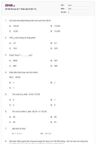 25 Đề thi học kì 1 Toán lớp 5( Đề 11)
