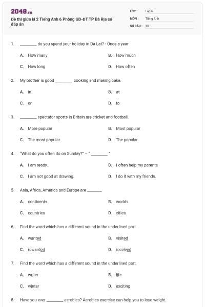 Đề thi giữa kì 2 Tiếng Anh 6 Phòng GD-ĐT TP Bà Rịa có đáp án