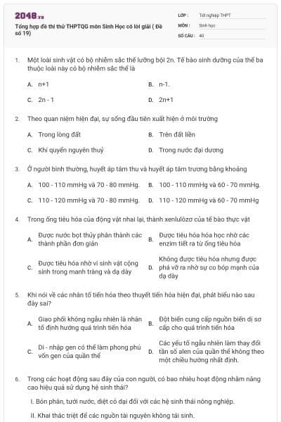 Tổng hợp đề thi thử THPTQG môn Sinh Học có lời giải ( Đề số 19)