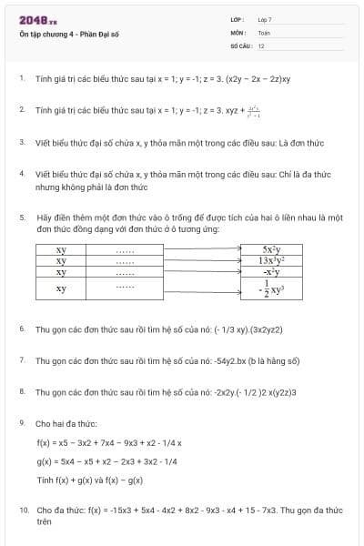 Ôn tập chương 4 - Phần Đại số