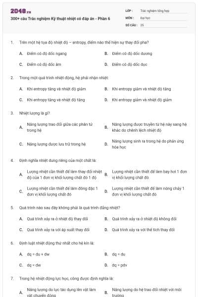 300+ câu Trắc nghiệm Kỹ thuật nhiệt có đáp án - Phần 6