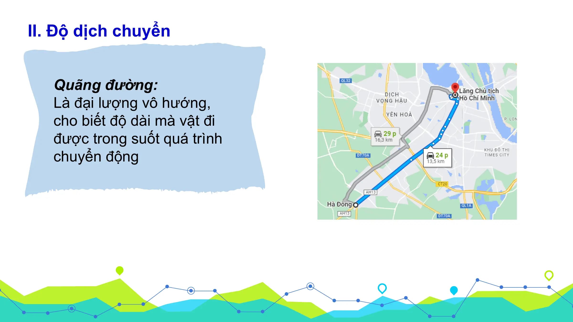 II. Độ dịch chuyển

 Quãng đường:
 Là đại lượng vô hướng,
 cho biết độ dài mà vật đi
 được trong suốt quá trình
 chuyển động