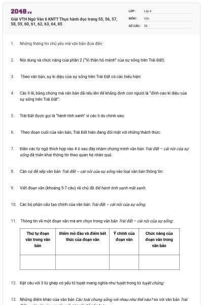 Giải VTH Ngữ Văn 6 KNTT Thực hành đọc trang 55, 56, 57, 58, 59, 60, 61, 62, 63, 64, 65