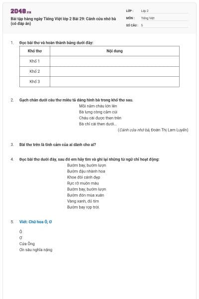 Bài tập hàng ngày Tiếng Việt lớp 2 Bài 29: Cánh cửa nhớ bà (có đáp án)