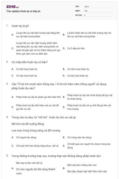 Trắc nghiệm Hoán dụ có đáp án