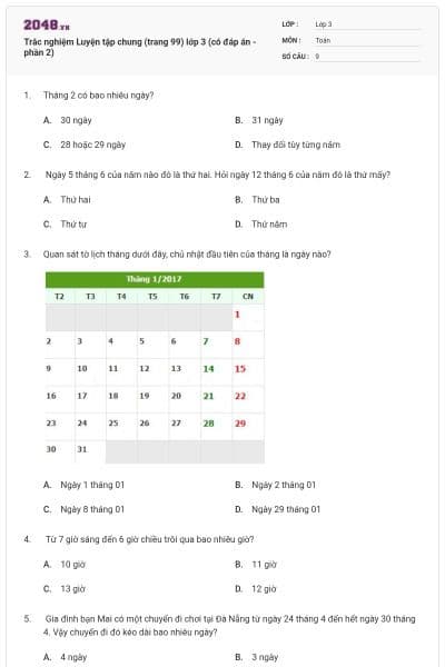 Trắc nghiệm Luyện tập chung (trang 99) lớp 3 (có đáp án - phần 2)