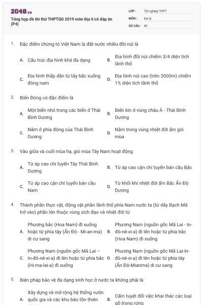 Tổng hợp đề thi thử THPTQG 2019 môn Địa lí có đáp án (P4)