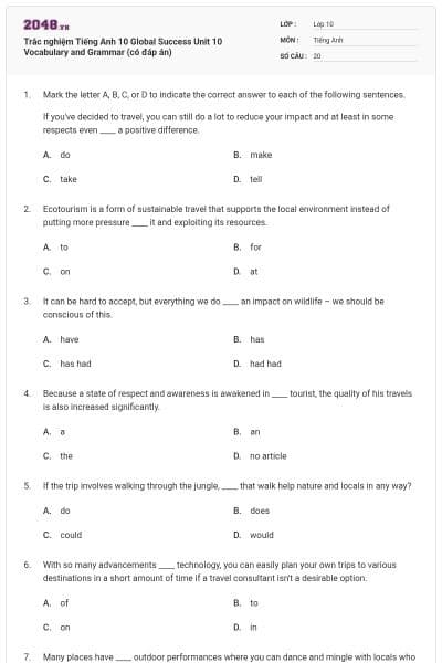 Trắc nghiệm Tiếng Anh 10 Global Success Unit 10 Vocabulary and Grammar (có đáp án)