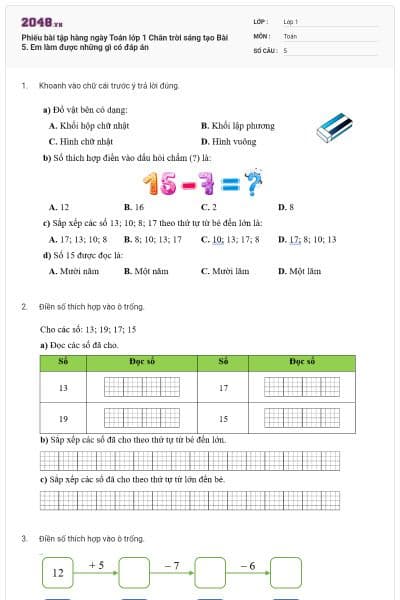 Phiếu bài tập hàng ngày Toán lớp 1 Chân trời sáng tạo Bài 5. Em làm được những gì có đáp án