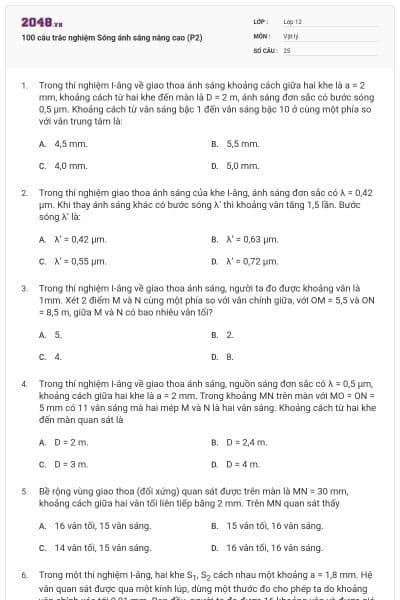 100 câu trắc nghiệm Sóng ánh sáng nâng cao (P2)