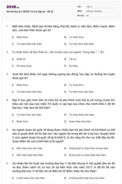 Đề thi Học kì 2 GDCD 10 (có đáp án - Đề 4)