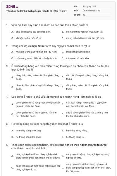 Tổng hợp đề thi thử thpt quốc gia môn KHXH (Địa lý) đề 1