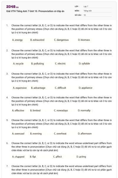 Giải VTH Tiếng Anh 7 Unit 10. Pronunciation có đáp án