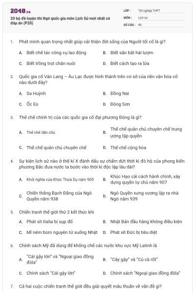 20 bộ đề luyện thi thpt quốc gia môn Lịch Sử mới nhất có đáp án (P20)