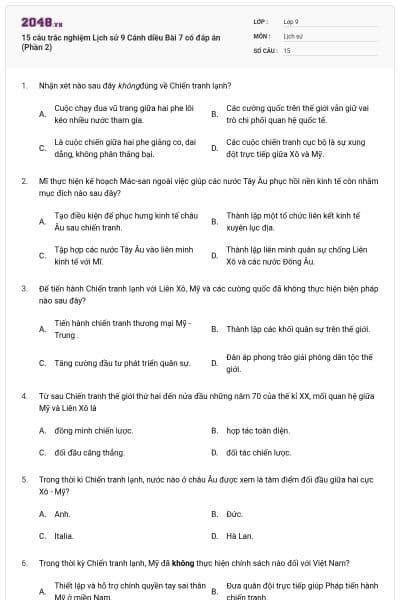 15 câu trắc nghiệm Lịch sử 9 Cánh diều Bài 7 có đáp án (Phần 2)