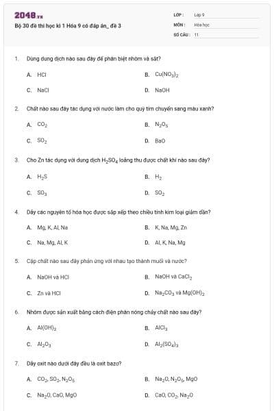 Bộ 30 đề thi học kì 1 Hóa 9 có đáp án_ đề 3