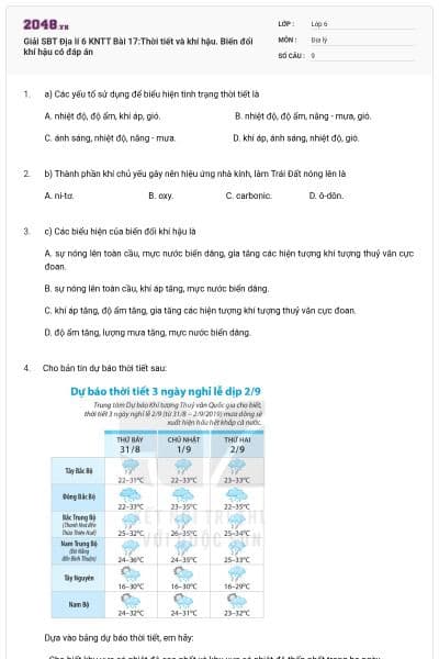 Giải SBT Địa lí 6 KNTT Bài 17:Thời tiết và khí hậu. Biến đổi khí hậu có đáp án