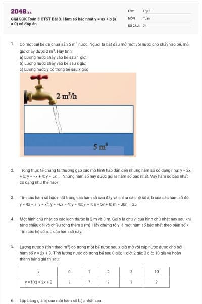 Giải SGK Toán 8 CTST Bài 3. Hàm số bậc nhất y = ax + b (a ≠ 0) có đáp án