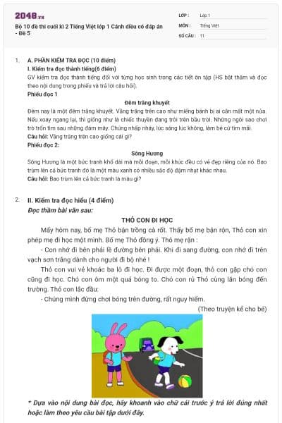 Bộ 10 đề thi cuối kì 2 Tiếng Việt lớp 1 Cánh diều có đáp án - Đề 5