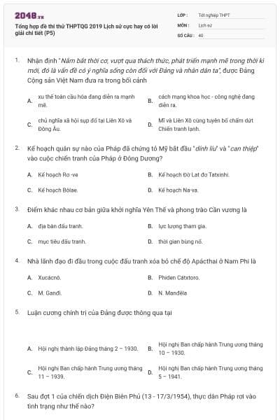 Tổng hợp đề thi thử THPTQG 2019 Lịch sử cực hay có lời giải chi tiết (P5)