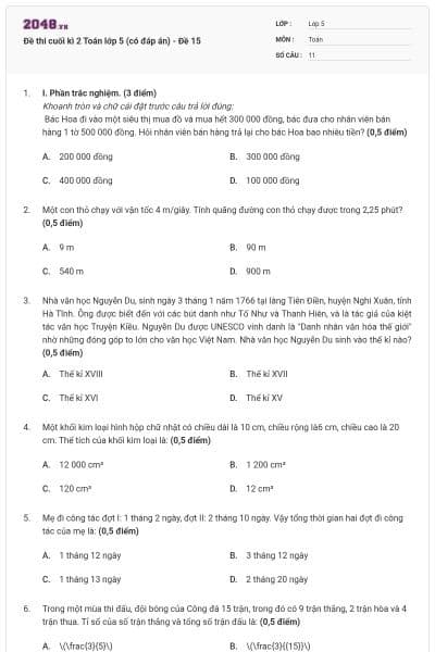 Đề thi cuối kì 2 Toán lớp 5 (có đáp án) - Đề 15