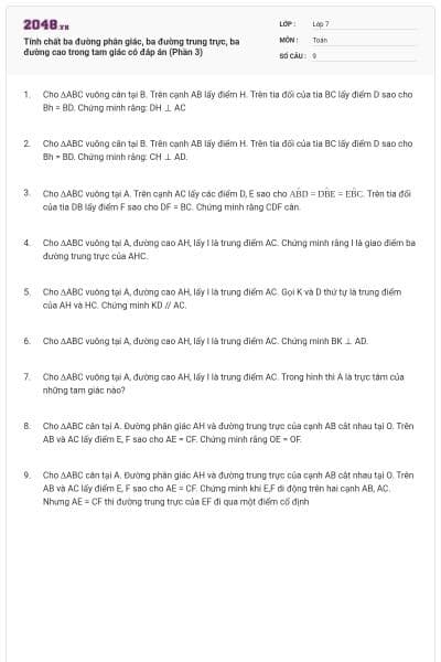 Tính chất ba đường phân giác, ba đường trung trực, ba đường cao trong tam giác có đáp án (Phần 3)