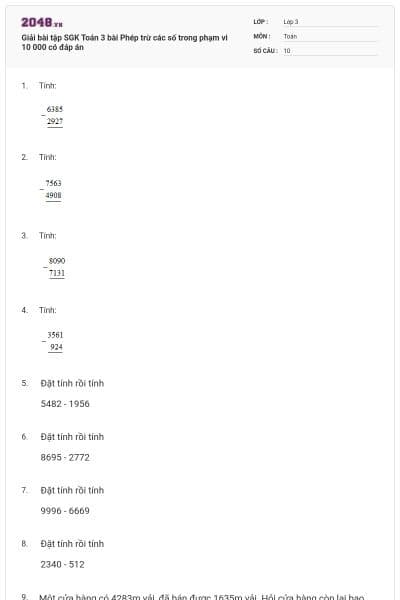 Giải bài tập SGK  Toán 3 bài Phép trừ các số trong phạm vi 10 000 có đáp án