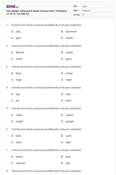 Trắc nghiệm Tiếng Anh 8 Global Success Unit 1 Phonetics: /ʊ/ và /uː/ (có đáp án)