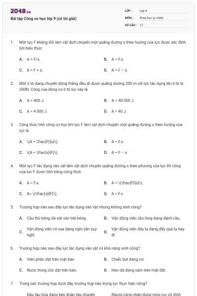 Bài tập Công cơ học lớp 9 (có lời giải)