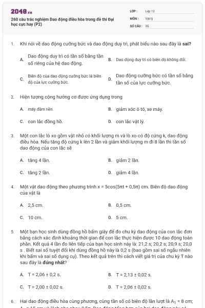 260 câu trắc nghiệm Dao động điều hòa trong đề thi Đại học cực hay (P2)